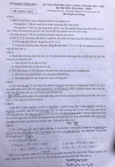 Đề thi chọn HSG môn Hóa Học lớp 12 THPT tỉnh Vĩnh Phúc năm 2022