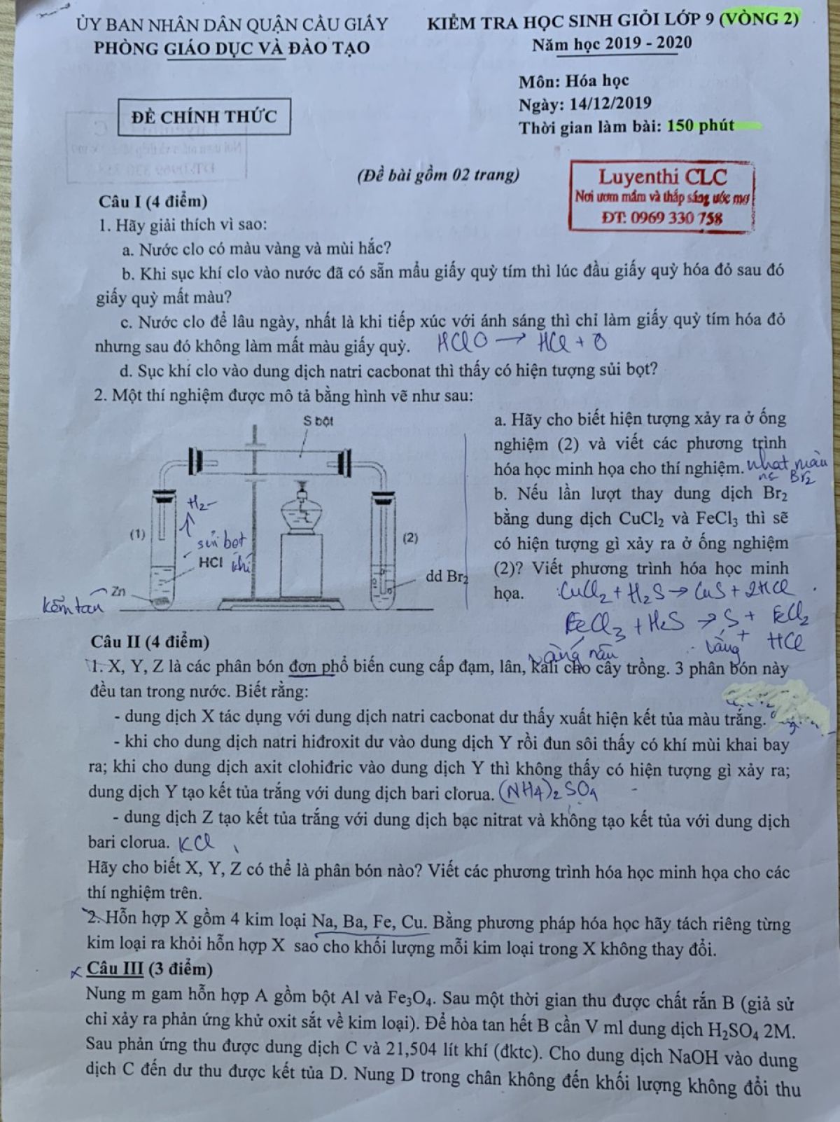 Đề kiểm tra HSG lớp 9 v&ograve;ng 2 m&ocirc;n H&oacute;a Học quận Cầu Giấy năm 2019