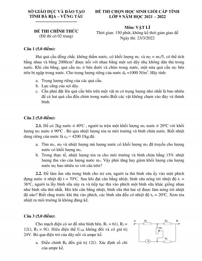 Đề thi chọn HSG môn Vật Lý lớp 9 tại Bà Rịa - Vũng Tàu năm 2022