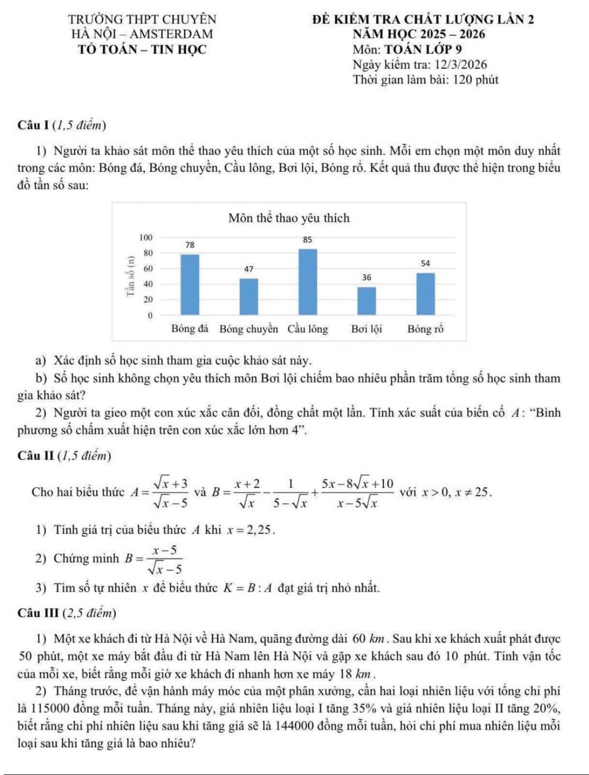 TRƯỜNG THPT CHUY&Ecirc;N H&Agrave; NỘI - AMSTERDAM - ĐỀ KIỂM TRA CHẤT LƯỢNG LẦN 2 NĂM HỌC 2025 - 2026 - M&ocirc;n: TO&Aacute;N LỚP 9