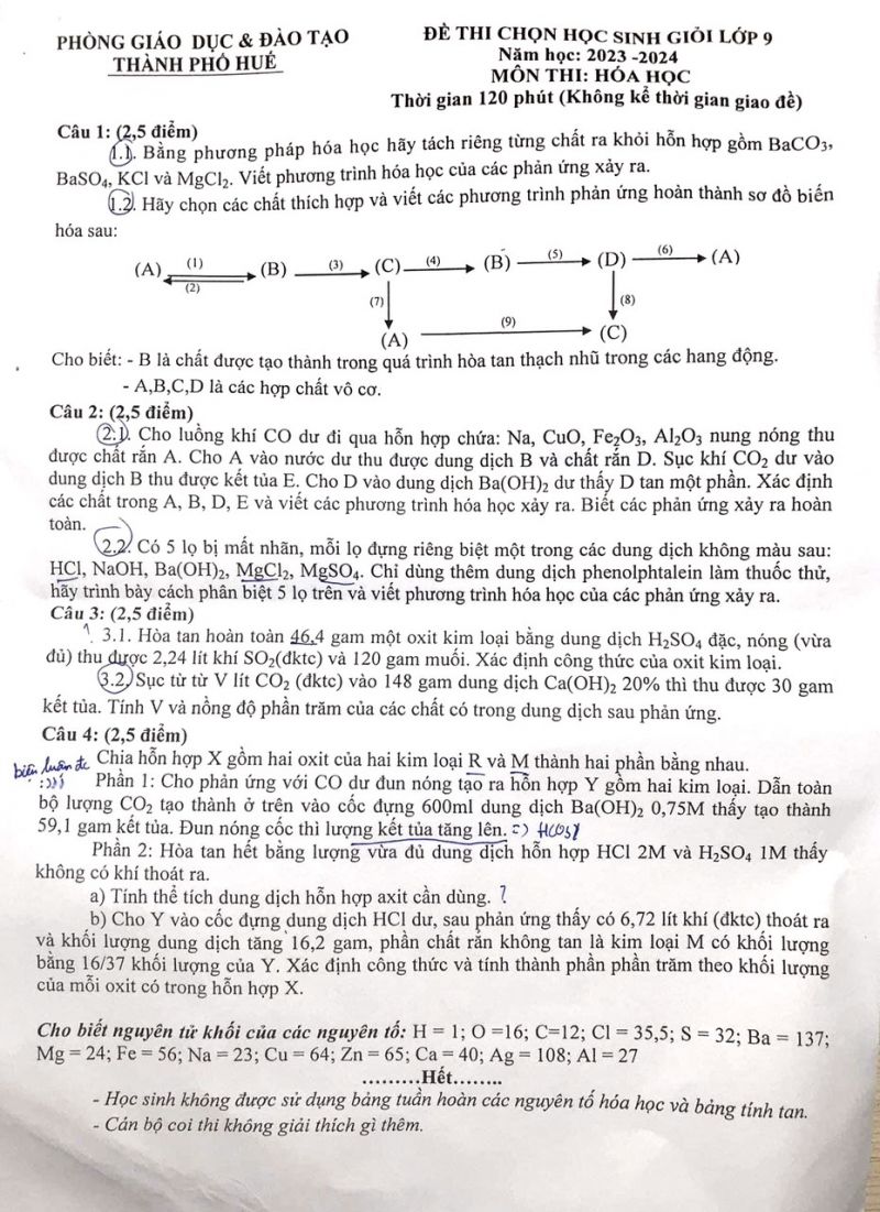 Đề thi chojn HSG môn Hóa Học lớp 9 tại Huế năm 2023