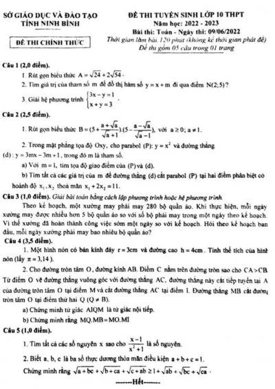 Đề thi tuyển sinh vào lớp 10 THPT môn Toán tỉnh Ninh Bình năm 2022