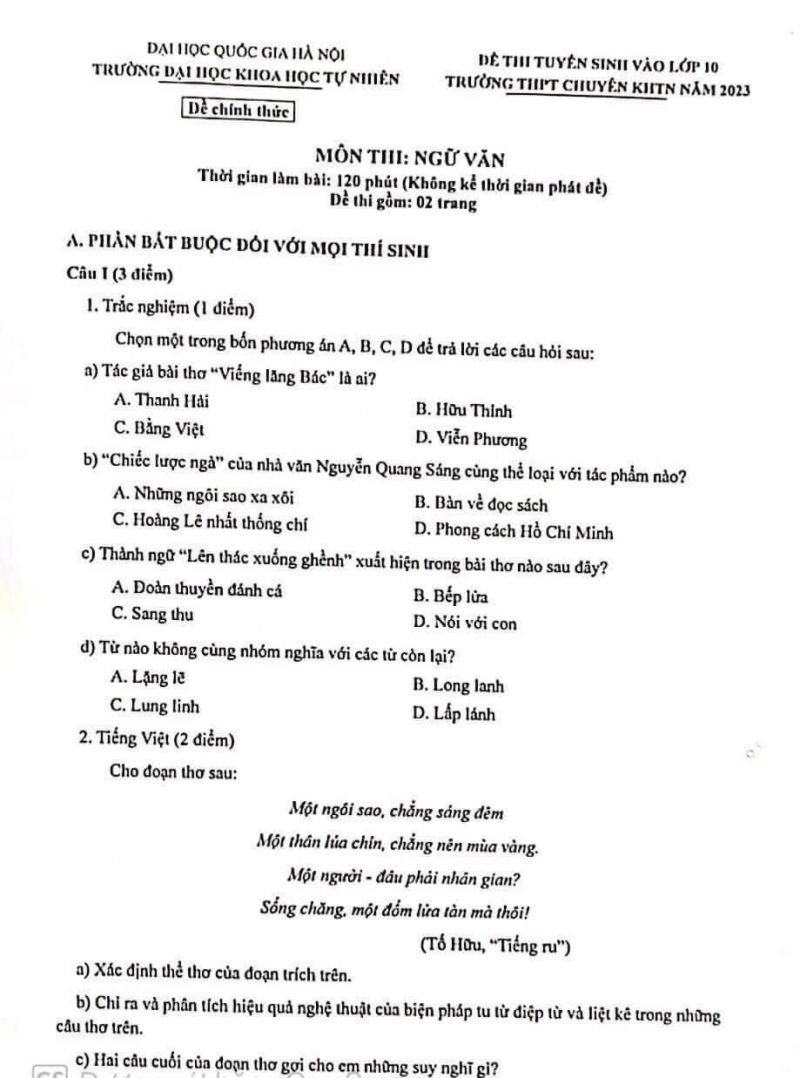 Đề thi tuyển sinh v&agrave;o lớp 10 m&ocirc;n Ngữ Văn Trường THPT CHUY&Ecirc;N KHTNN H&agrave; Nội năm 2023