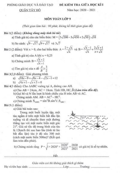 Đề kiểm tra giữa học kì I môn Toán lớp 9 quận Tây Hồ năm 2020