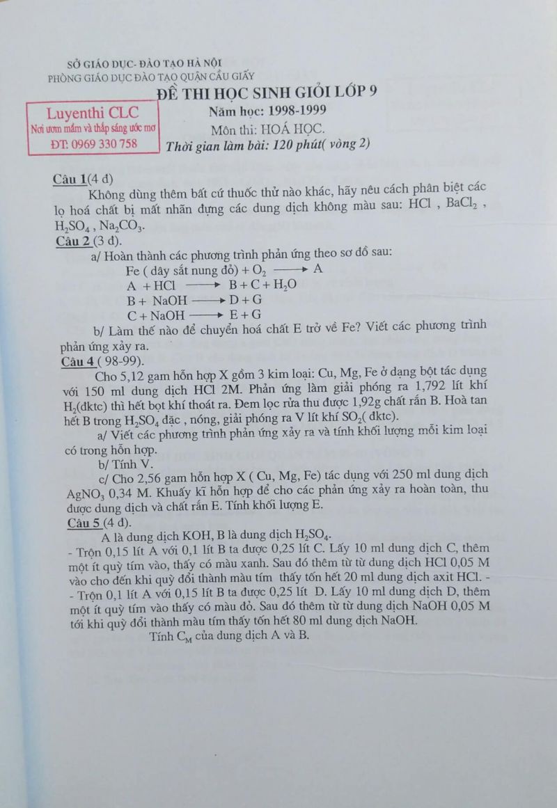 Đề thi HSG lớp 9 môn Hóa học tại hà Nội năm 1999