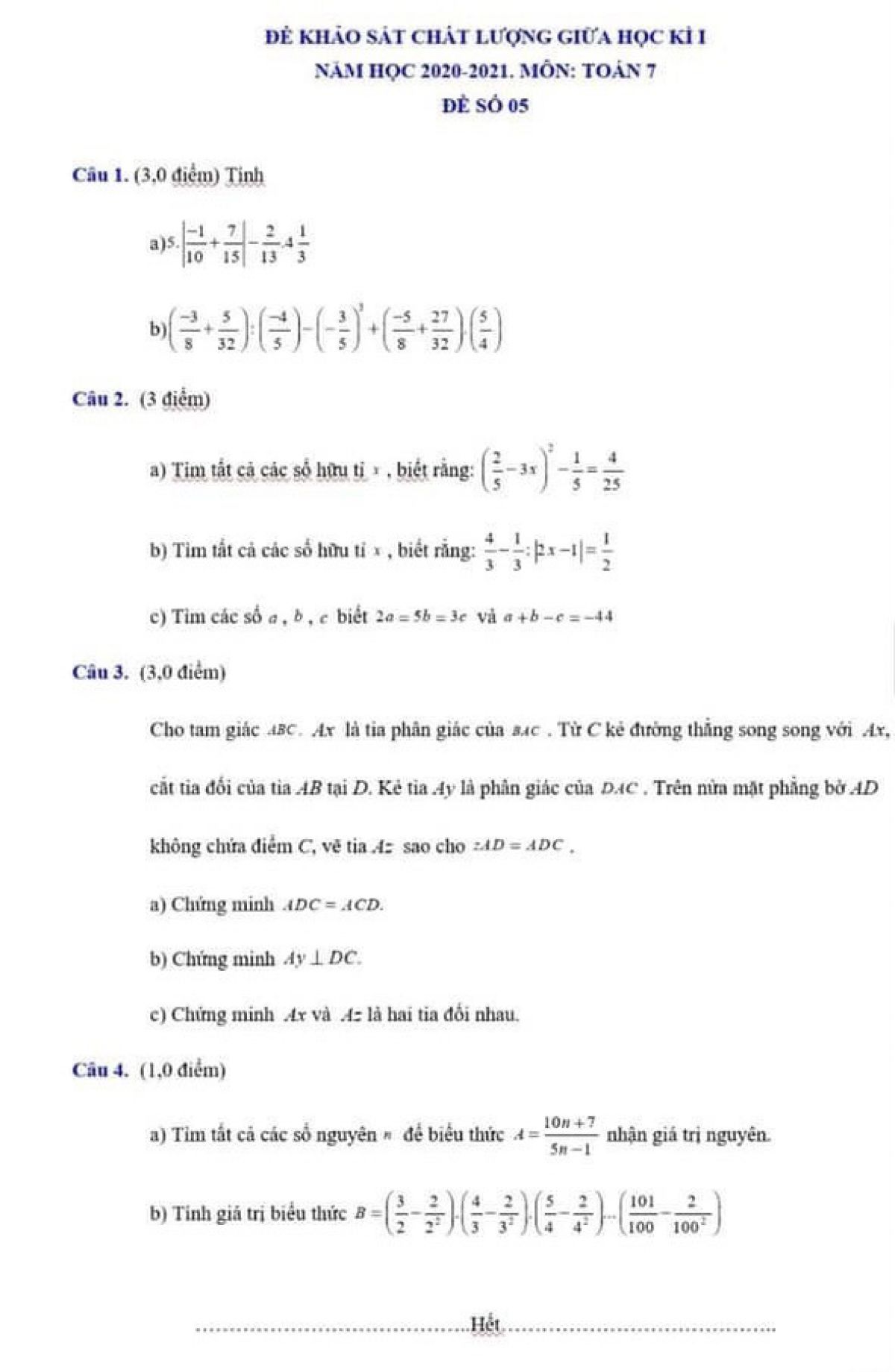 Đề khảo sát chất lượng giữa học kì I môn Toán lớp 7 năm 2021. Đề số 05