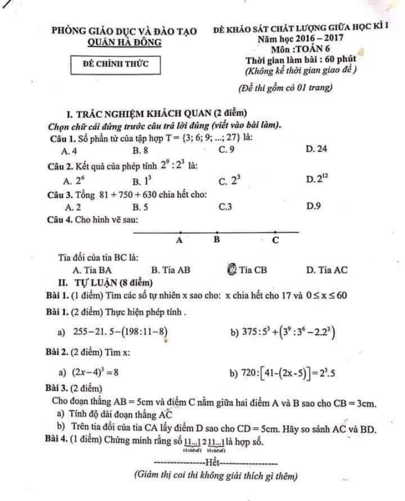 Đề khảo sát chất lượng học kì I môn Toán 6 quận Hà Đông, Hà Nội năm 2016