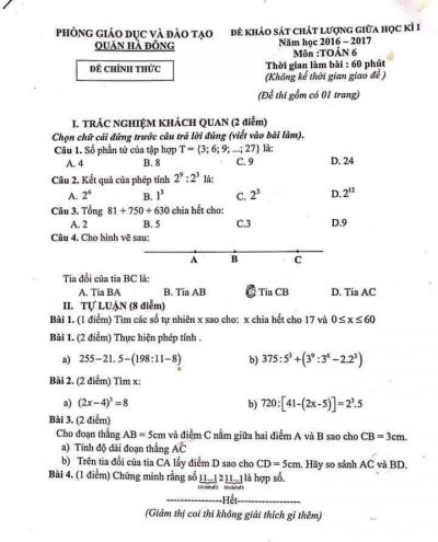 Đề khảo sát chất lượng học kì I môn Toán 6 quận Hà Đông, Hà Nội năm 2016