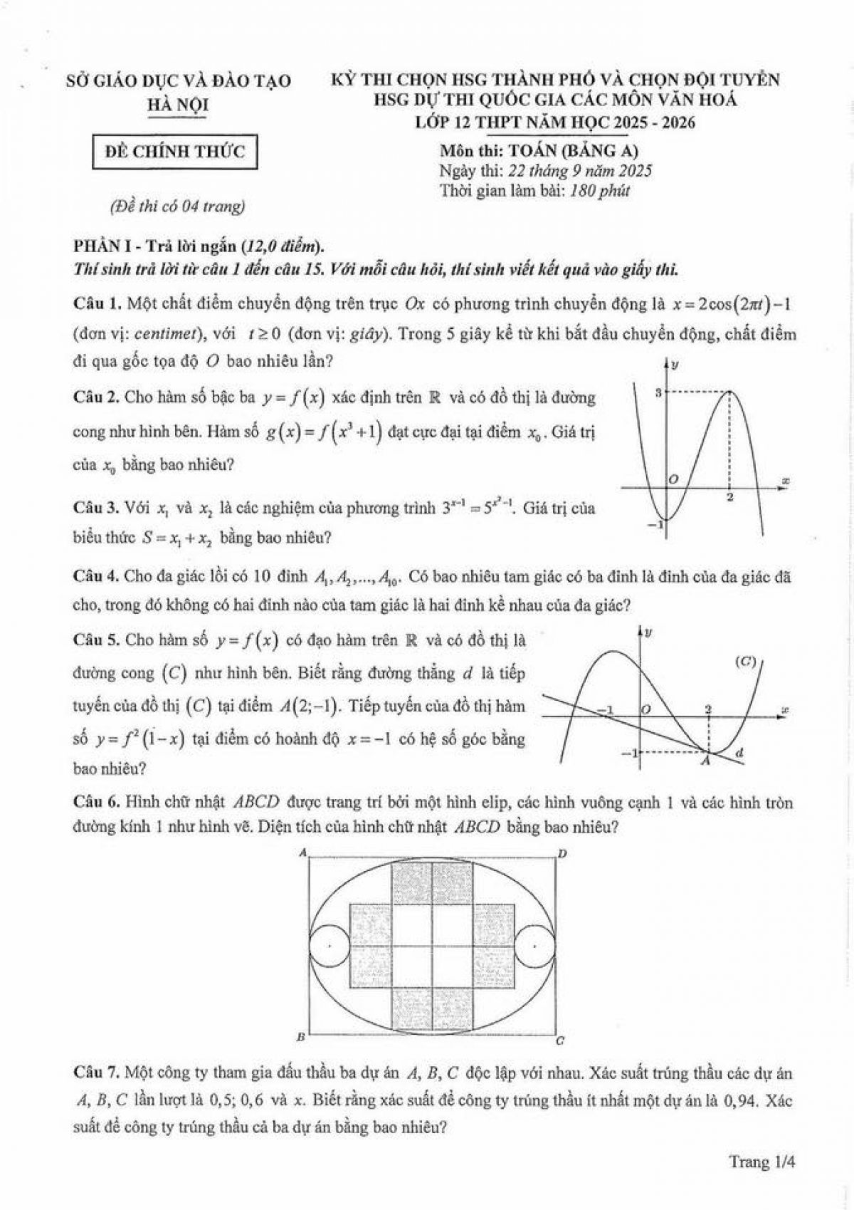 Đề thi chọn học sinh giỏi Toán 12 năm 2025 – 2026 Sở GD&amp;ĐT Hà Nội