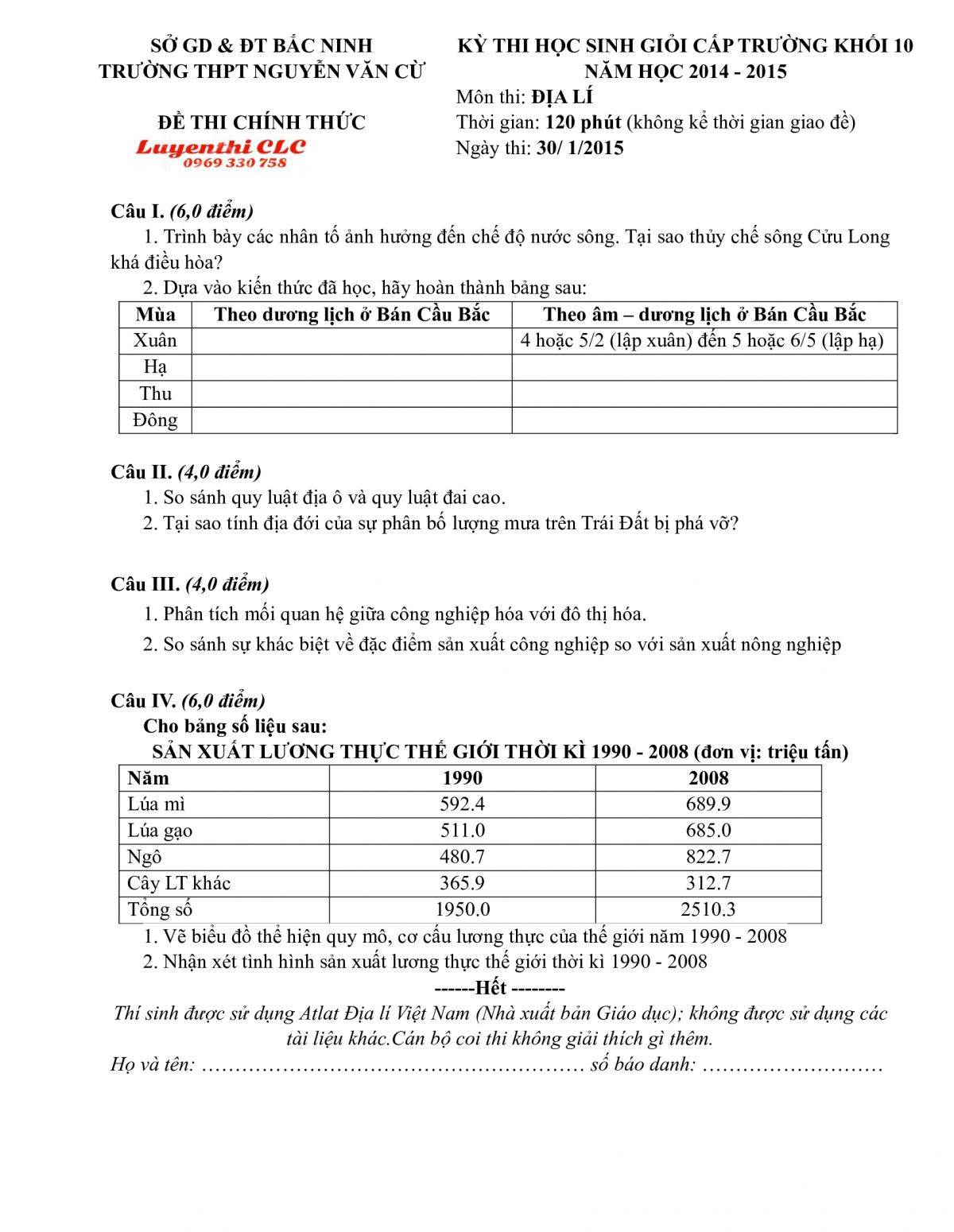 Đề thi chọn HSG cấp trường khối 10 v&agrave; đ&aacute;p &aacute;n m&ocirc;n Địa L&iacute; Trường THPT Nguyễn Văn Cừ tỉnh Bắc Ninh năm 2015