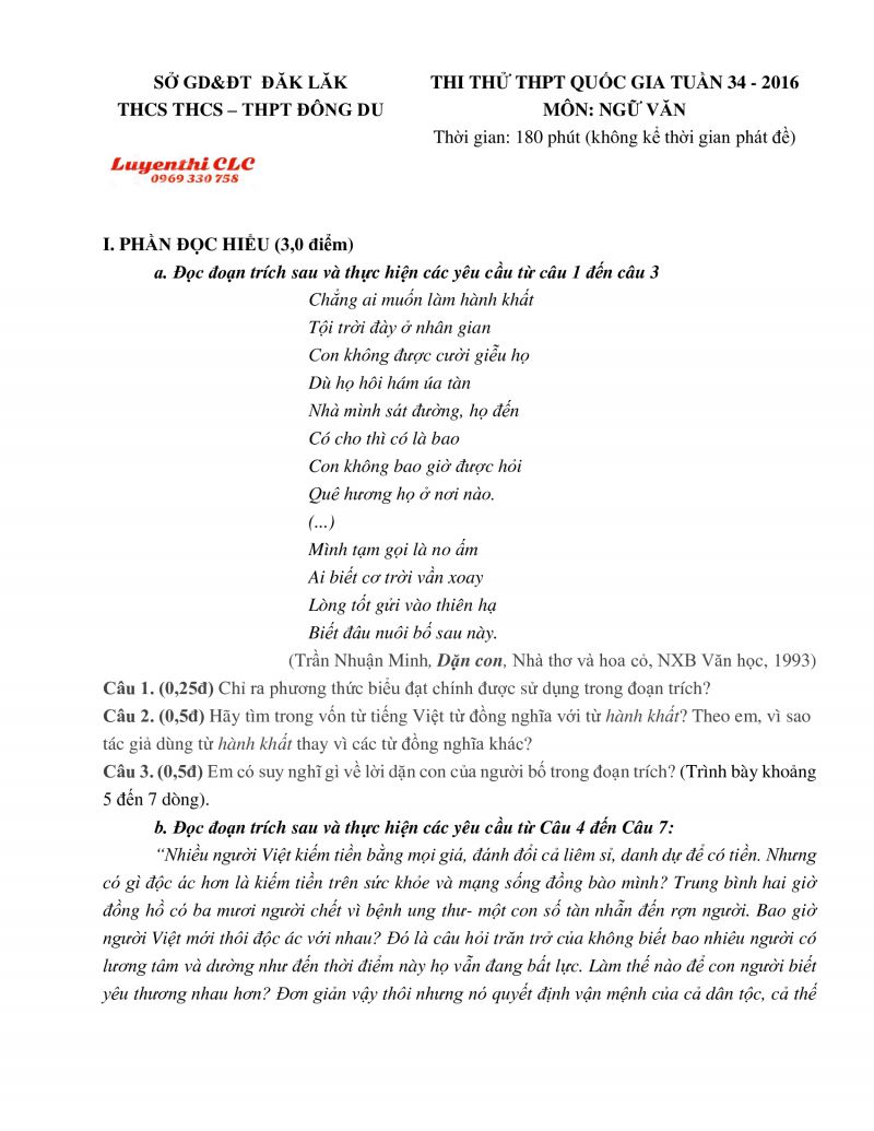 Đề thi thử THPT Quốc Gia tuần 34 v&agrave; đ&aacute;p &aacute;n m&ocirc;n Ngữ Văn tỉnh Đắk Lắk năm 2016