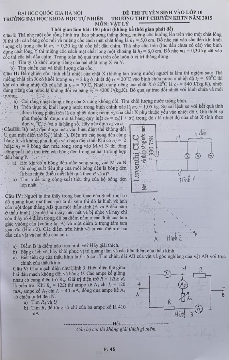 Đề thi tuyển sinh vào lớp 10 môn Vật Lí Trường THPT CHUYÊN KHTN năm 2015