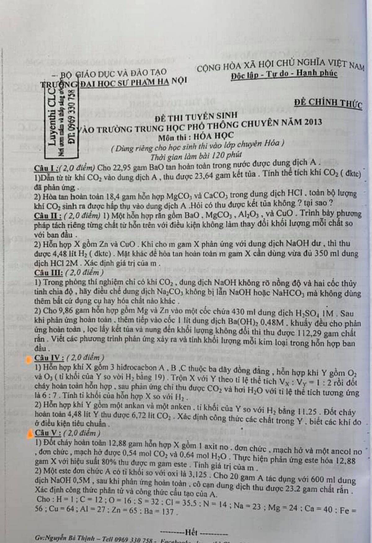 Đề thi tuyển sinh v&agrave;o trường THPT CHUY&Ecirc;N m&ocirc;n H&oacute;a Học Trường Đại học Sư phạm H&agrave; Nội năm 2013