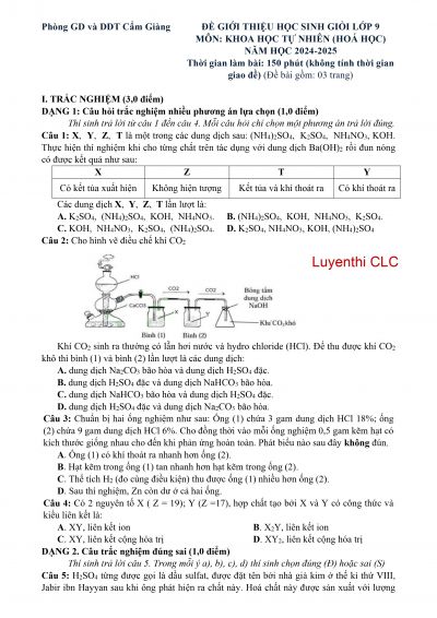 ĐỀ GIỚI THIỆU HỌC SINH GIỎI LỚP 9 MÔN KHOA HỌC TỰ NHIÊN (HOÁ HỌC) NĂM HỌC 2024-2025  HUYỆN CẨM GIÀNG