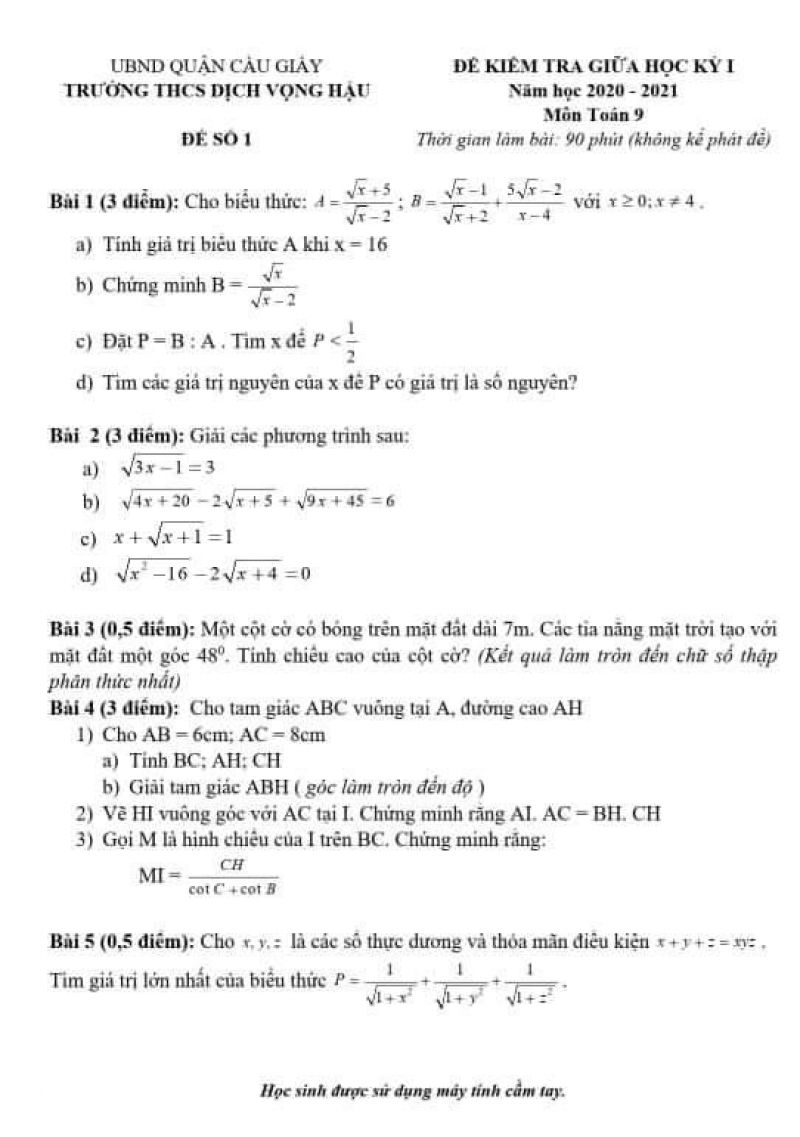 Đề kiểm tra giữa k&igrave; I m&ocirc;n To&aacute;n lớp 9 Trường THCS Dịch Vọng Hậu, Cầu Giấy, H&agrave; Nội năm 2020