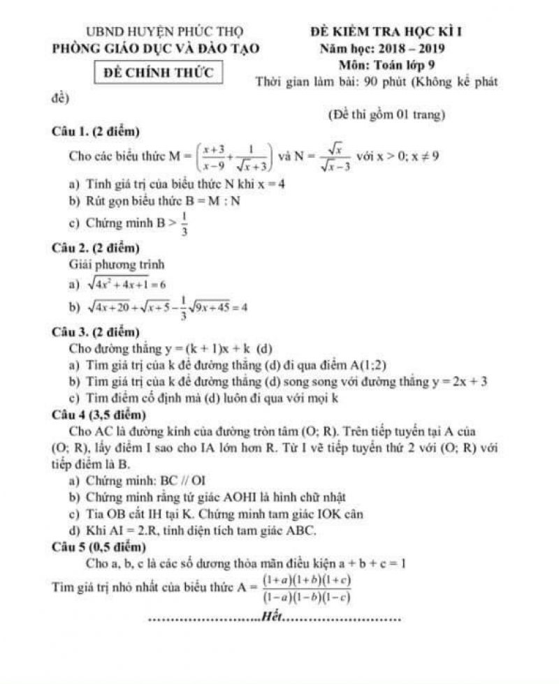 Đề kiểm tra học kì I môn Toán lớp 9 huyện Phúc Thọ, Hà Nội năm 2019