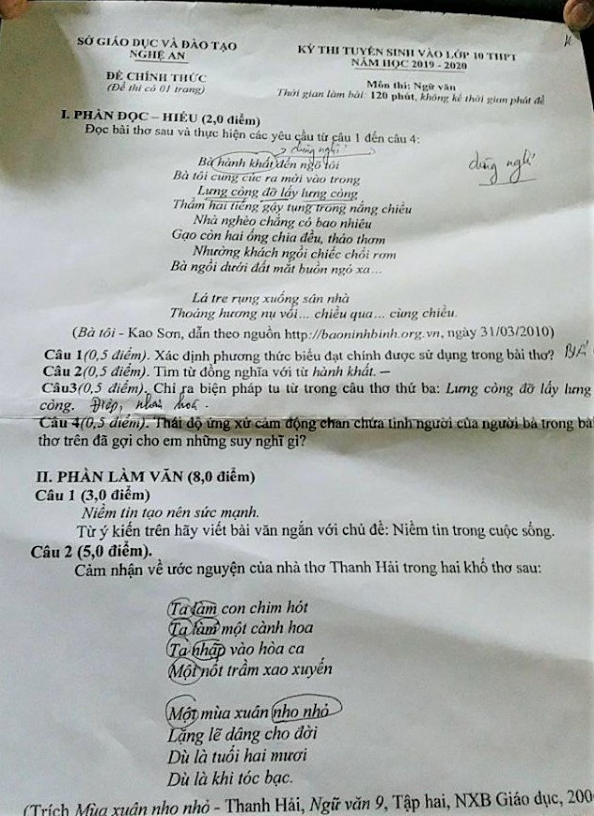 Đề thi tuyển sinh v&agrave;o lớp THPT m&ocirc;n Ngữ Văn Tỉnh Nghệ An năm 2019
