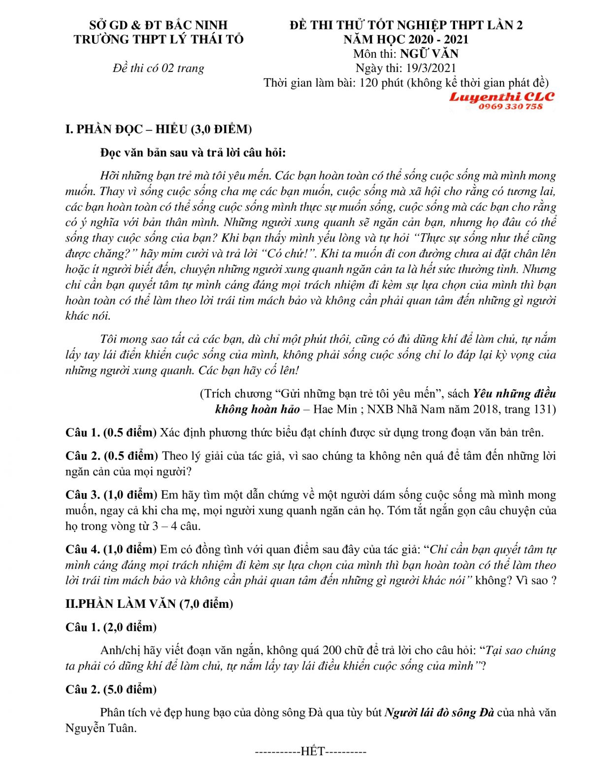 Đề thi thử THPT Quốc Gia m&ocirc;n Ngữ Văn - lần 2 Trường THPT L&yacute; Th&aacute;i Tổ tỉnh Bắc Ninh năm 2021