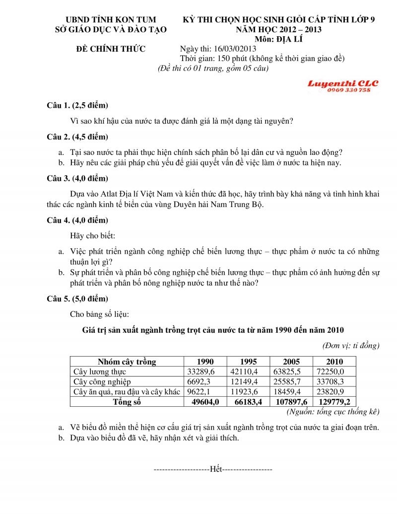 Đề thi chọn HSG m&ocirc;n Địa L&iacute; lớp 9 tỉnh Kon Tum năm 2013