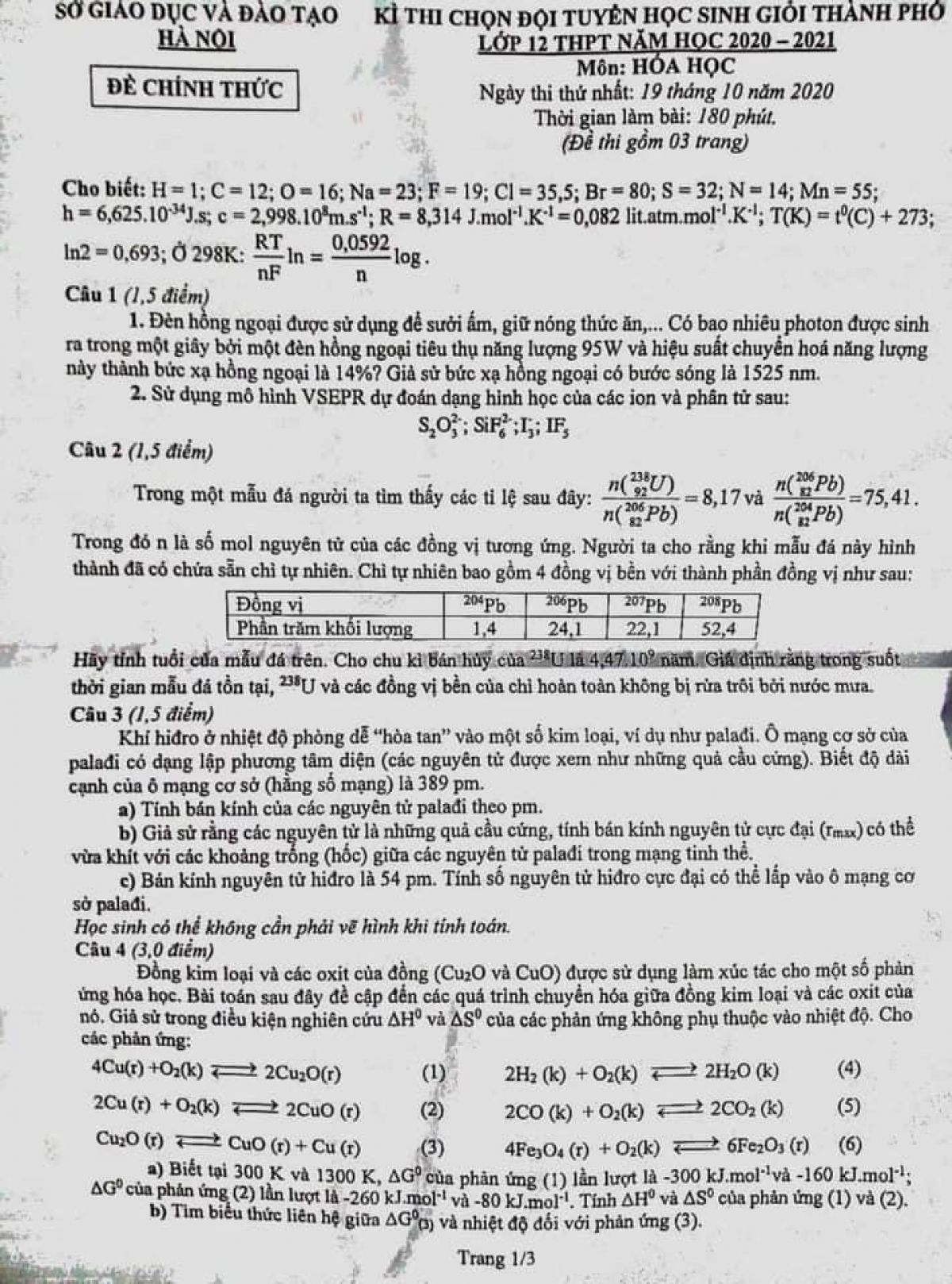 Đề thi chọn đội tuyển HSG m&ocirc;n H&oacute;a Học tại  H&agrave; Nội năm  2020