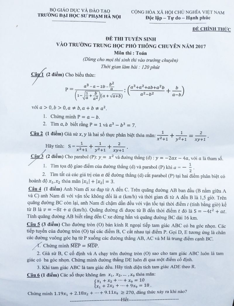 Đề thi tuyển sinh vào trường THPT CHUYÊN môn Toán Trường Đại học Sư phạm Hà Nội năm 2017