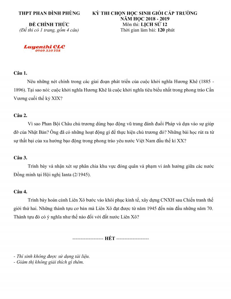 Đề thi chọn HSG v&agrave; đ&aacute;p &aacute;n m&ocirc;n Lịch Sử lớp 12 Trường THPT Phan Đ&igrave;nh Ph&ugrave;ng năm 2018