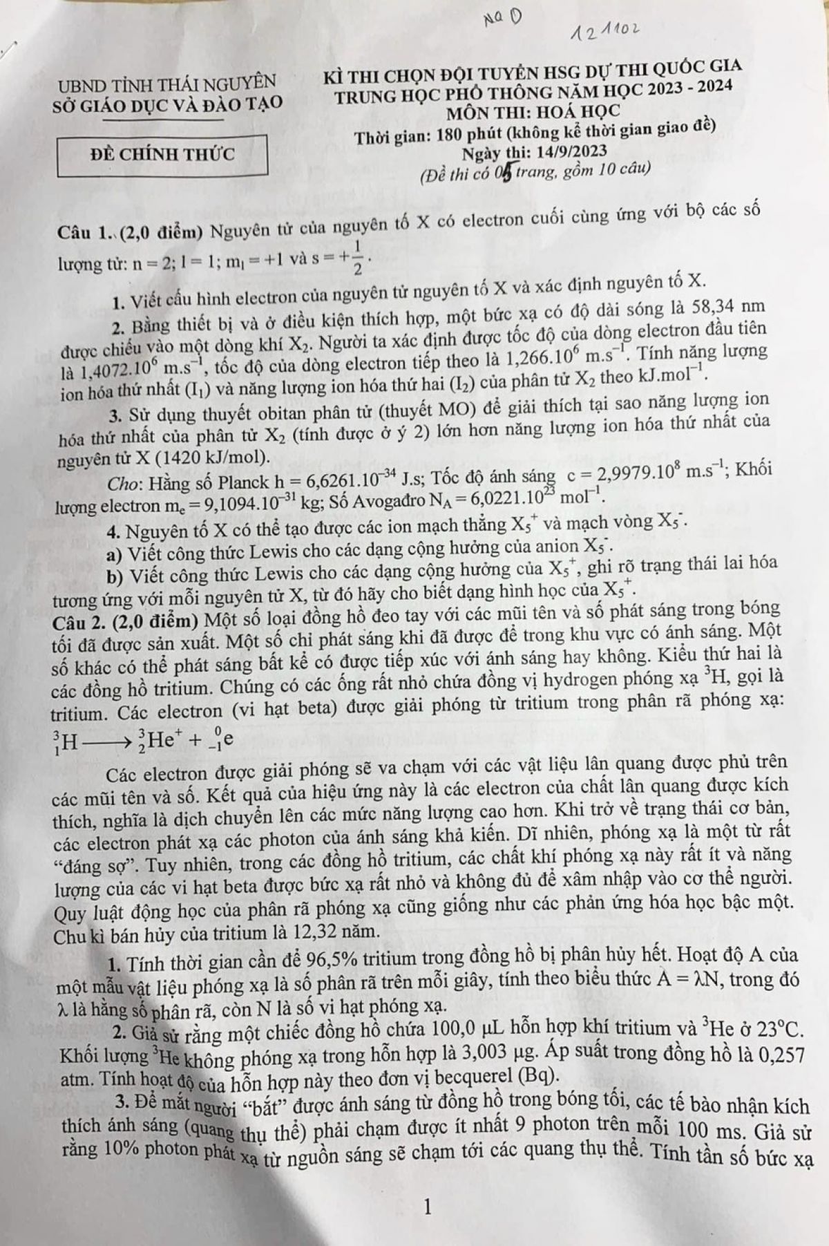Đề thi chọn đội tuyển dự thi HSG Quốc Gia m&ocirc;n H&oacute;a Học tỉnh Th&aacute;i Nguy&ecirc;n năm 2023