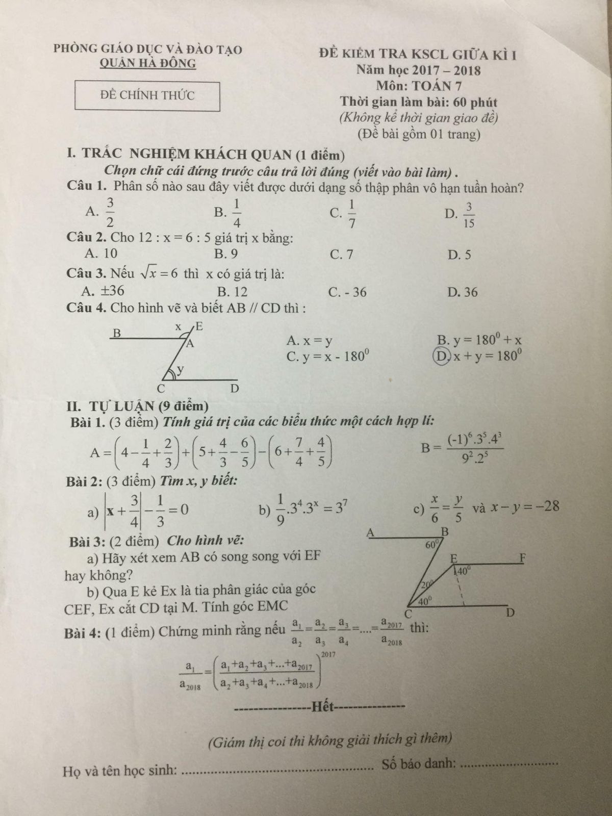 Đề kiểm tra KSCL giữa k&igrave; I m&ocirc;n To&aacute;n lớp 7 quận H&agrave; Đ&ocirc;ng năm 2017