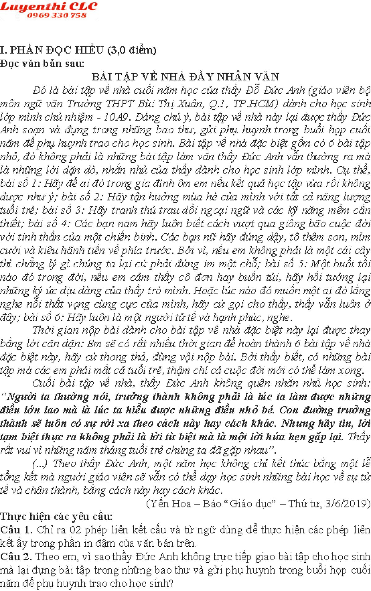 Đề thi tuyển sinh v&agrave;o lớp 10 m&ocirc;n Ngữ Văn năm 2019 B&agrave; Rịa Vũng T&agrave;u