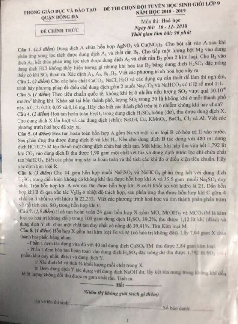 Đề thi chọn đội tuyển HSG lớp 9 m&ocirc;n H&oacute;a học quận Đống Đa, H&agrave; Nội năm 2018