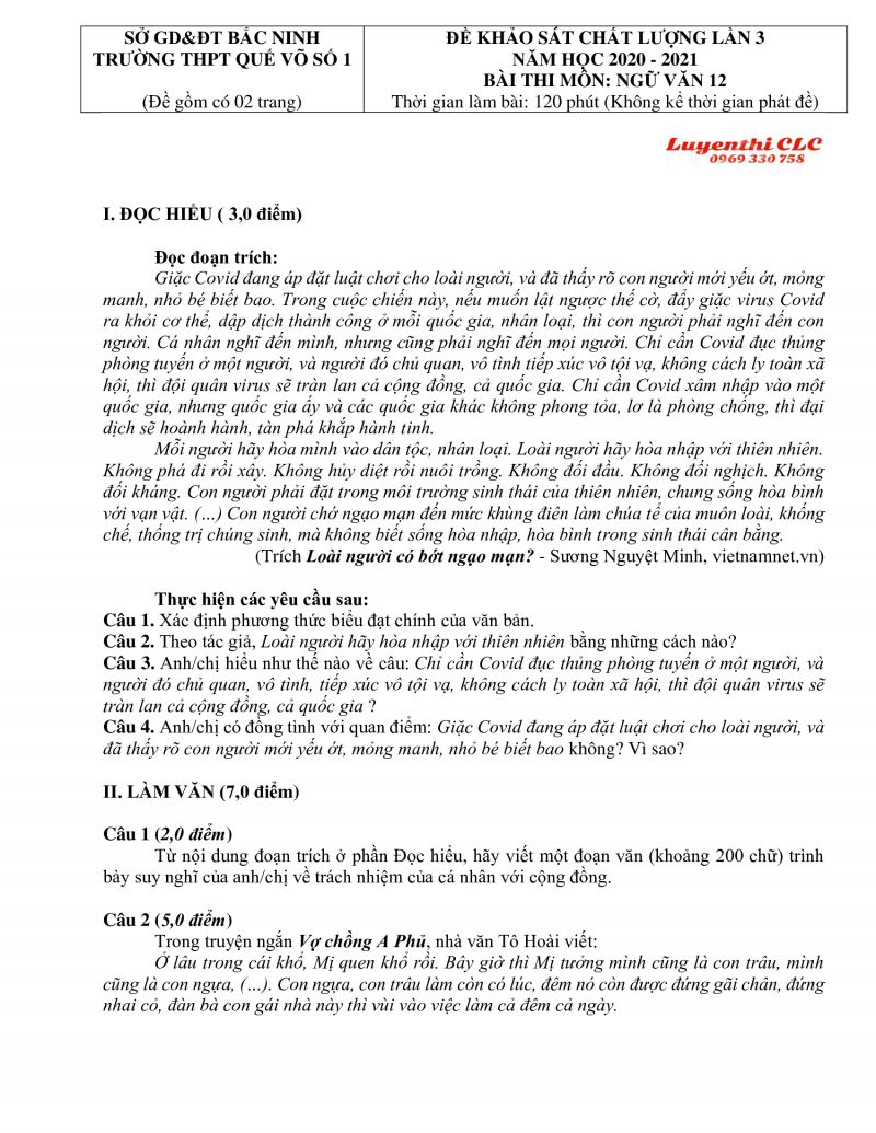 Đề thi KSCL lần 3 m&ocirc;n Ngữ Văn lớp 12 Trường THPT Quế V&otilde; số 1 tỉnh Bắc Ninh năm 2021
