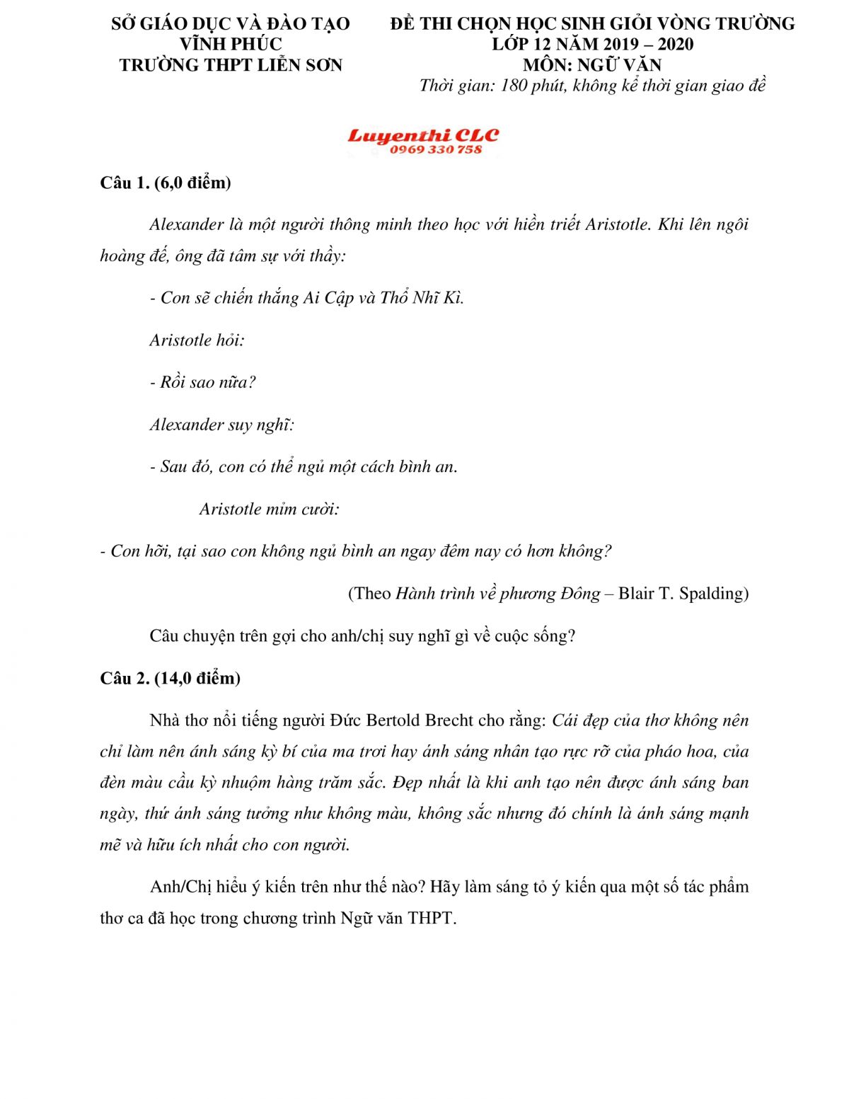 Đề thi chọn HSG v&ograve;ng trường m&ocirc;n Ngữ Văn lớp 12 Trường THPT Liễn Sơn, tỉnh Vĩnh Ph&uacute;c năm 2019