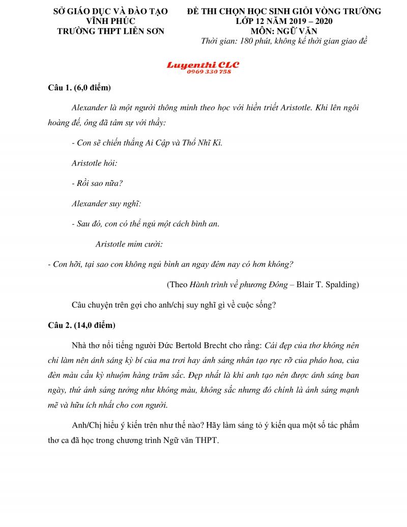 Đề thi chọn HSG v&ograve;ng trường m&ocirc;n Ngữ Văn lớp 12 Trường THPT Liễn Sơn, tỉnh Vĩnh Ph&uacute;c năm 2019