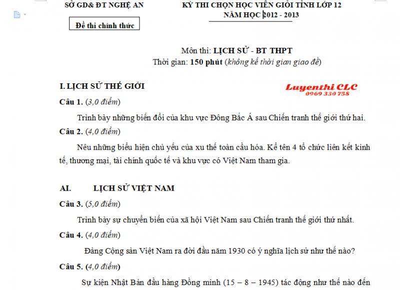 Đề thi chọn học viên giỏi tỉnh lớp 12 môn Lịch Sử tại Nghệ An năm 2012