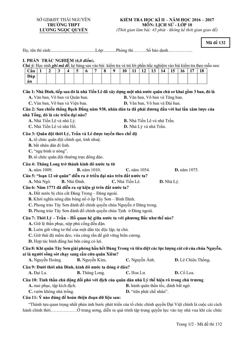 Đề kiểm tra học kì II môn Lịch Sử lớp 10 Trường THPT Lương Ngọc Quyến năm 2016, mã đề 132