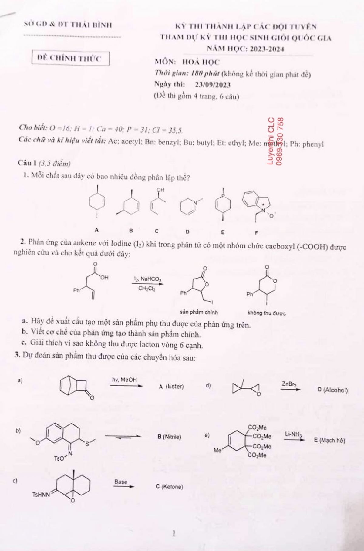 Đề thi thành lập đội tuyển tham dự kì thi chọn HSG quốc gia môn Hóa Học tỉnh Thái Bình năm 2023