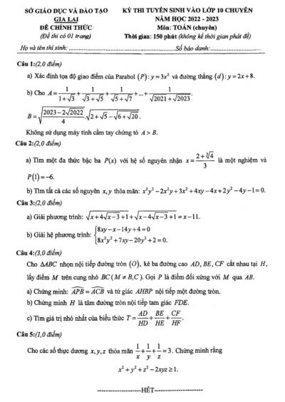 Đề thi tuyển sinh vào lớp 10 THPT môn Toán Chuyên tỉnh Gia Lai năm 2022