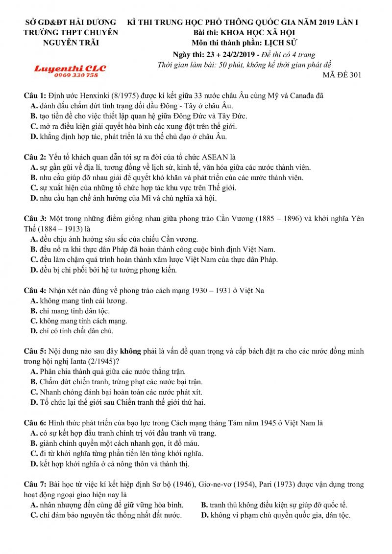 Đề thi THPT Quốc Gia lần 1 môn Lịch Sử Trường THPT CHUYÊN Nguyễn Trãi tỉnh Hải Dương năm 2019
