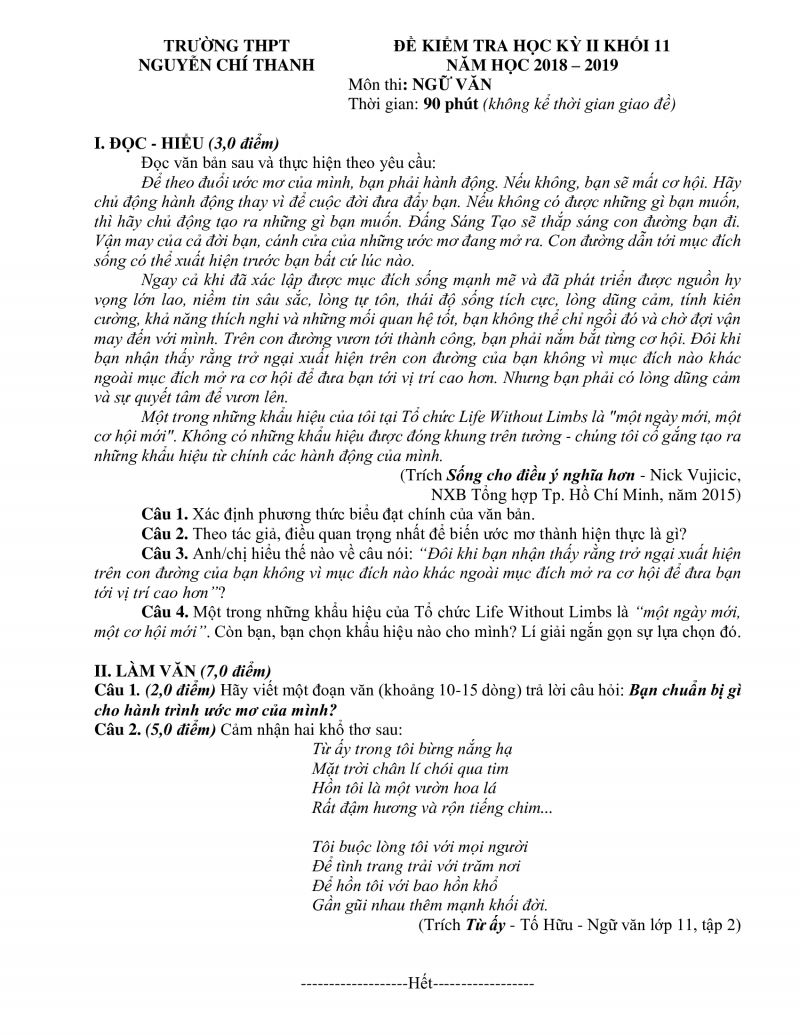 Đề kiểm tra học k&igrave; II khối 11 m&ocirc;n Ngữ Văn Trường THPT Nguyễn Ch&iacute; Thanh, TP. Hồ Ch&iacute; Minh năm 2018
