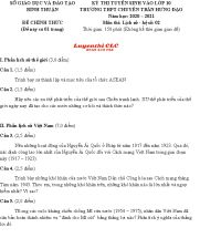 Đề thi tuyển sinh v&agrave;o lớp 10 m&ocirc;n Lịch Sử Trường THPT CHUY&Ecirc;N Trần Hưng Đạo - B&igrave;nh Thuận năm 2020