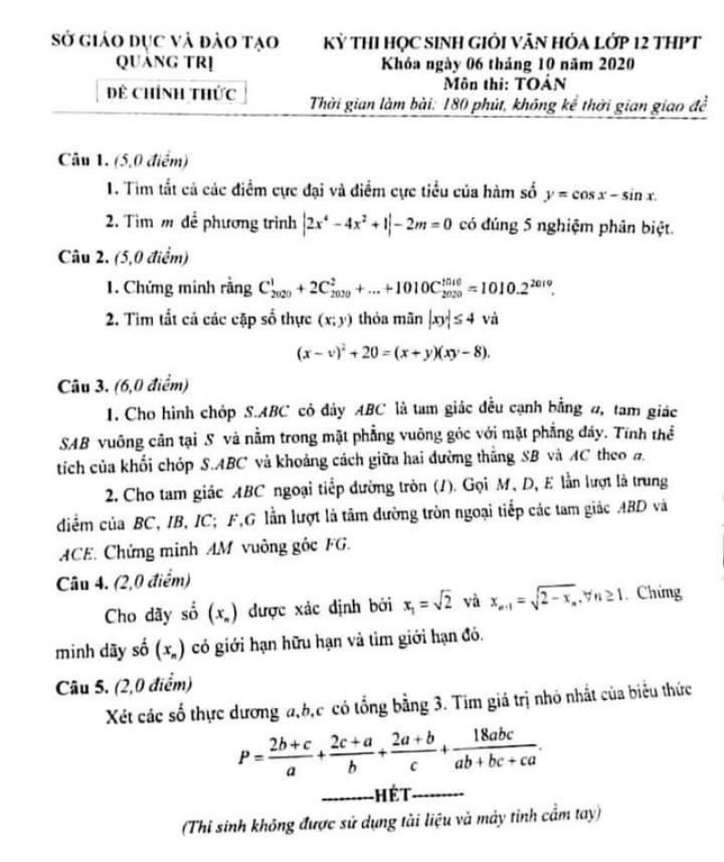 Đề thi chọn HSG văn hóa lớp 12 THPT môn Toán tỉnh Quảng Trị năm 2020