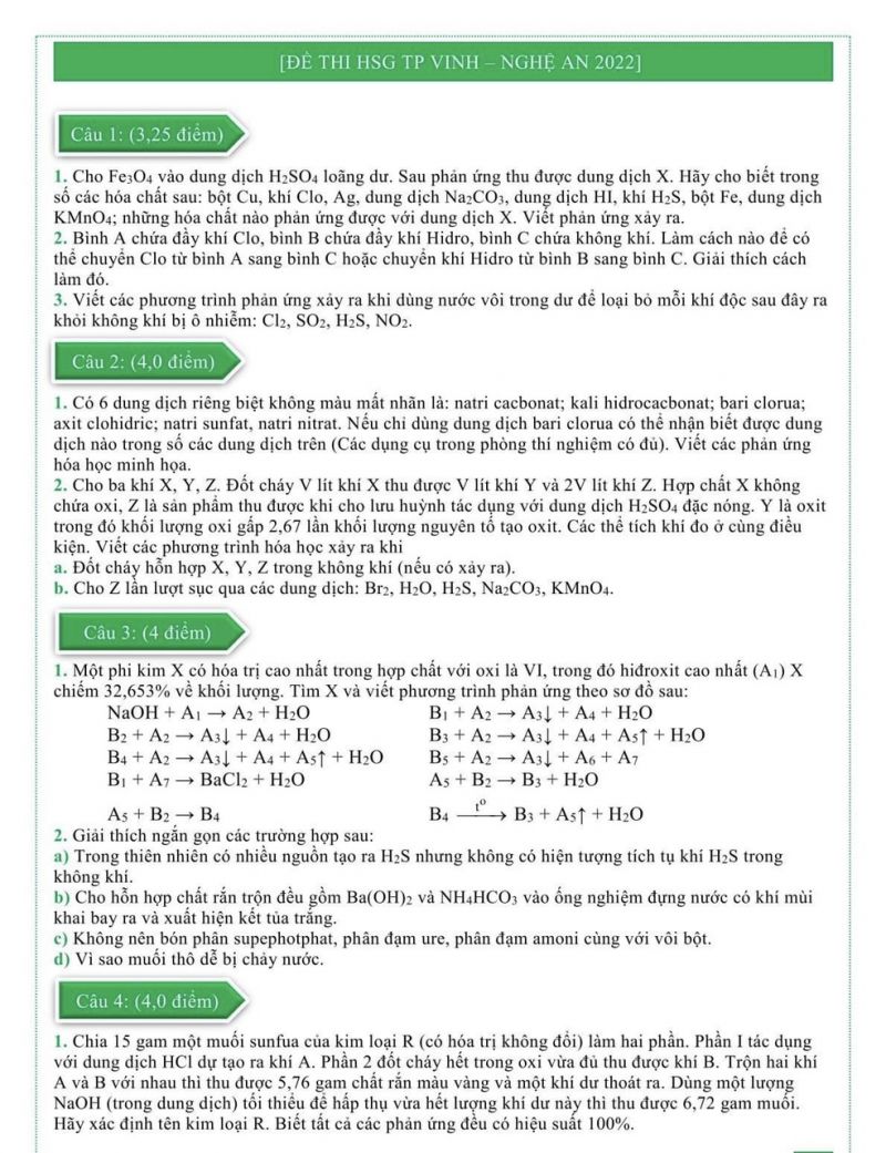 Đề thi HSG môn Hóa Học tại Thành phố Vinh, tỉnh Nghệ An năm 2022