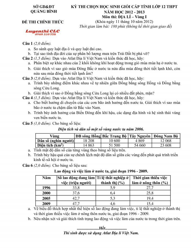 Đề thi chọn HSG cấp tỉnh lớp 12 THPT môn Địa Lí - Vòng I tỉnh Quảng Bình năm 2012