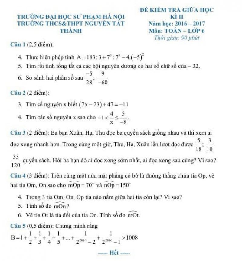 Đề kiểm tra giữa học kì II môn Toán lớp 6 Trường THCS &amp; THPT Nguyễn Tất Thành, Hà Nội năm 2016