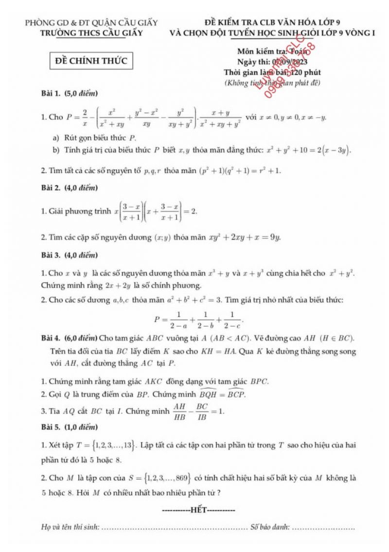 Đề kiểm tra CLB văn hóa và chọn đội tuyển HSG môn Toán lớp 9 Trường THCS Cầu Giấy, Hà Nội năm 2023