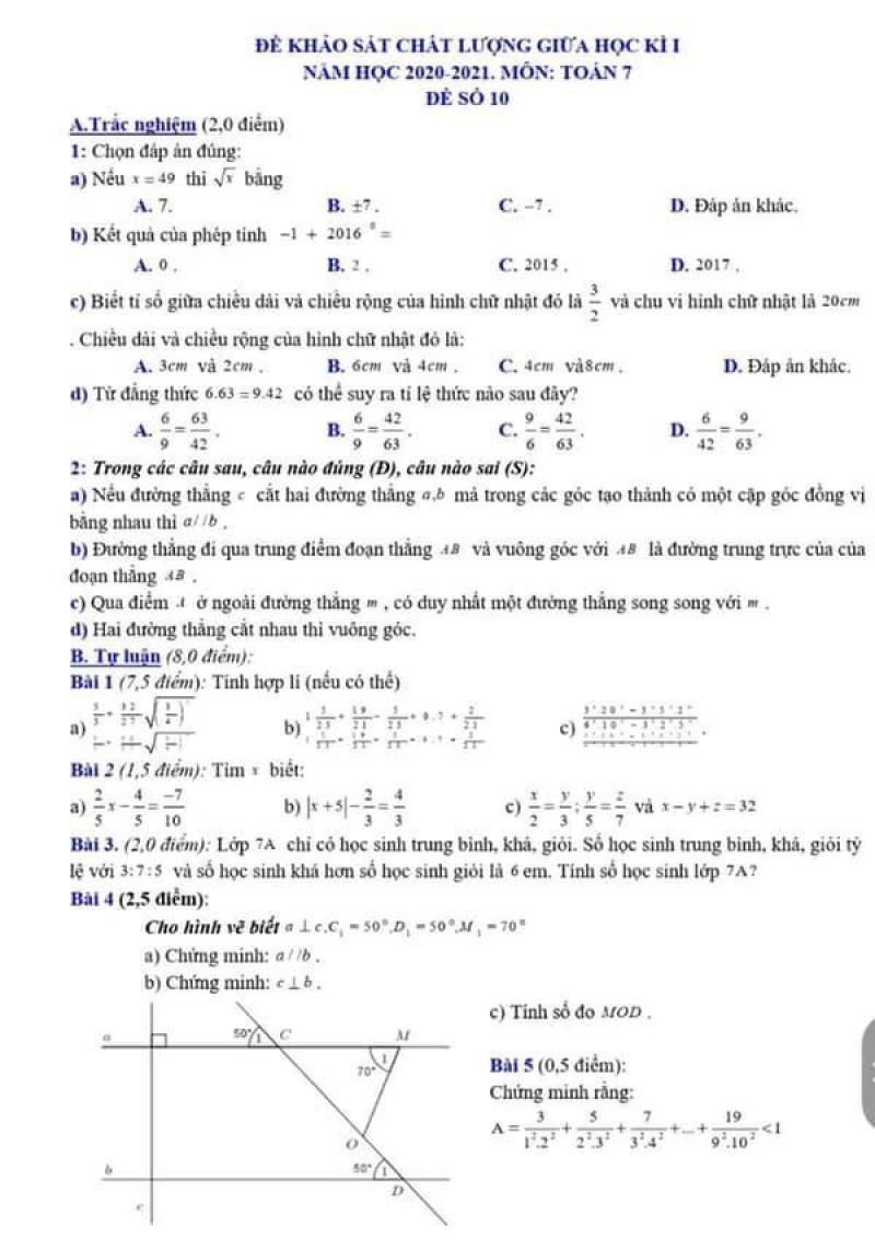 Đề thi khảo s&aacute;t chất lượng giữa học k&igrave; I m&ocirc;n To&aacute;n lớp 7 năm 2021. Đề số 10