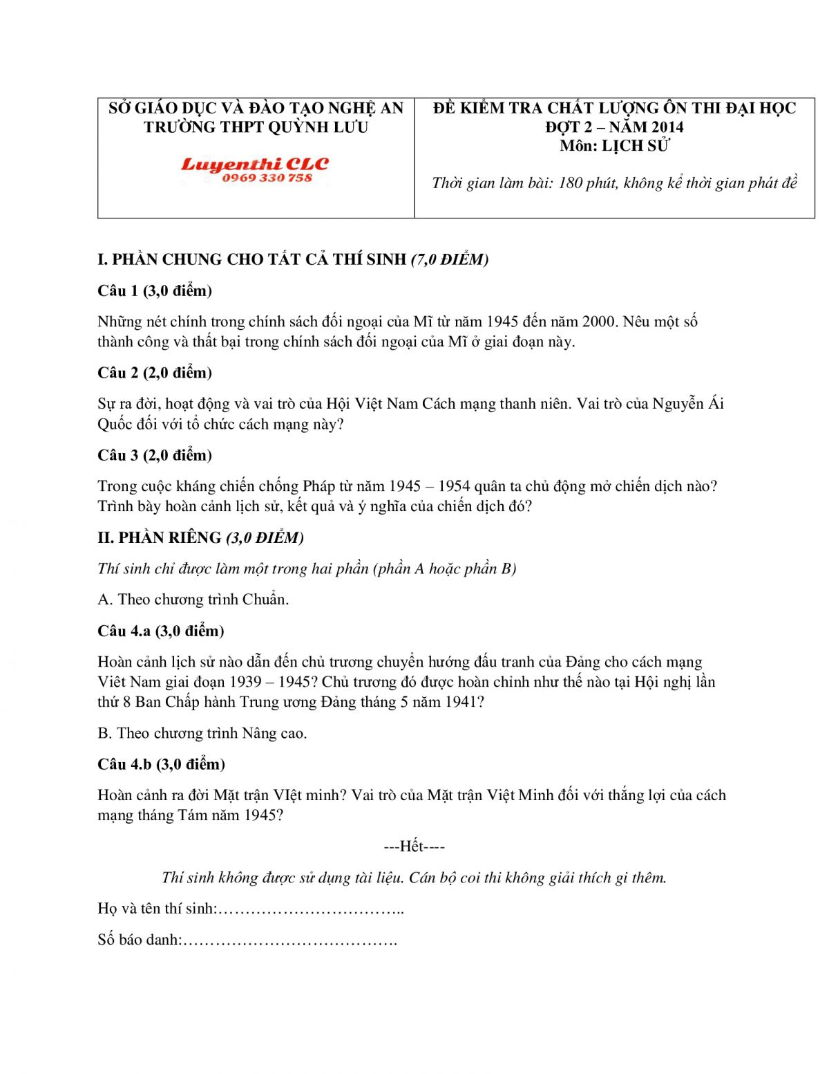 Đề kiểm tra chất lượng &ocirc;n thi đại học đợt 2 m&ocirc;n Lịch Sử huyện Quỳnh Lưu, Nghệ An năm 2014