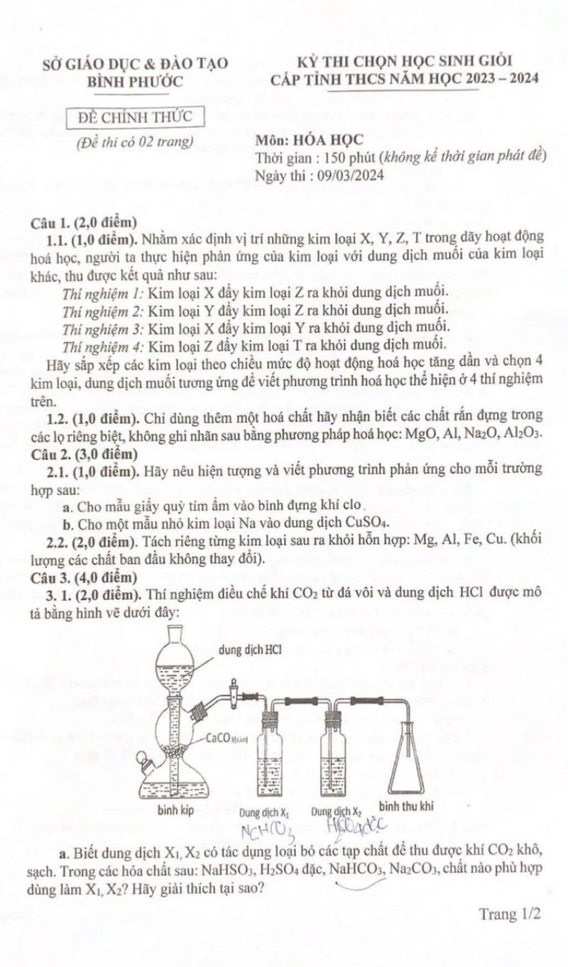 Đề thi chọn HSG môn Hóa Học cấp THCS tỉnh Bình Phước năm 2024