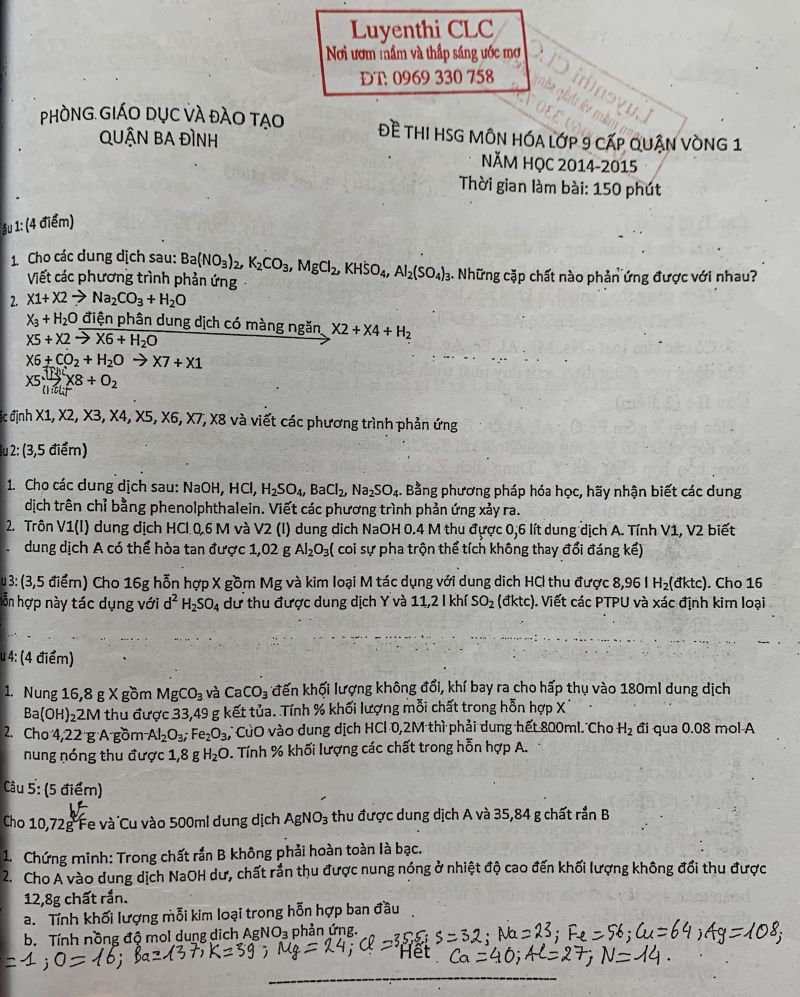 Đề thi HSG môn Hoá- quận Ba Đình, Hà Nội năm 2014-2015