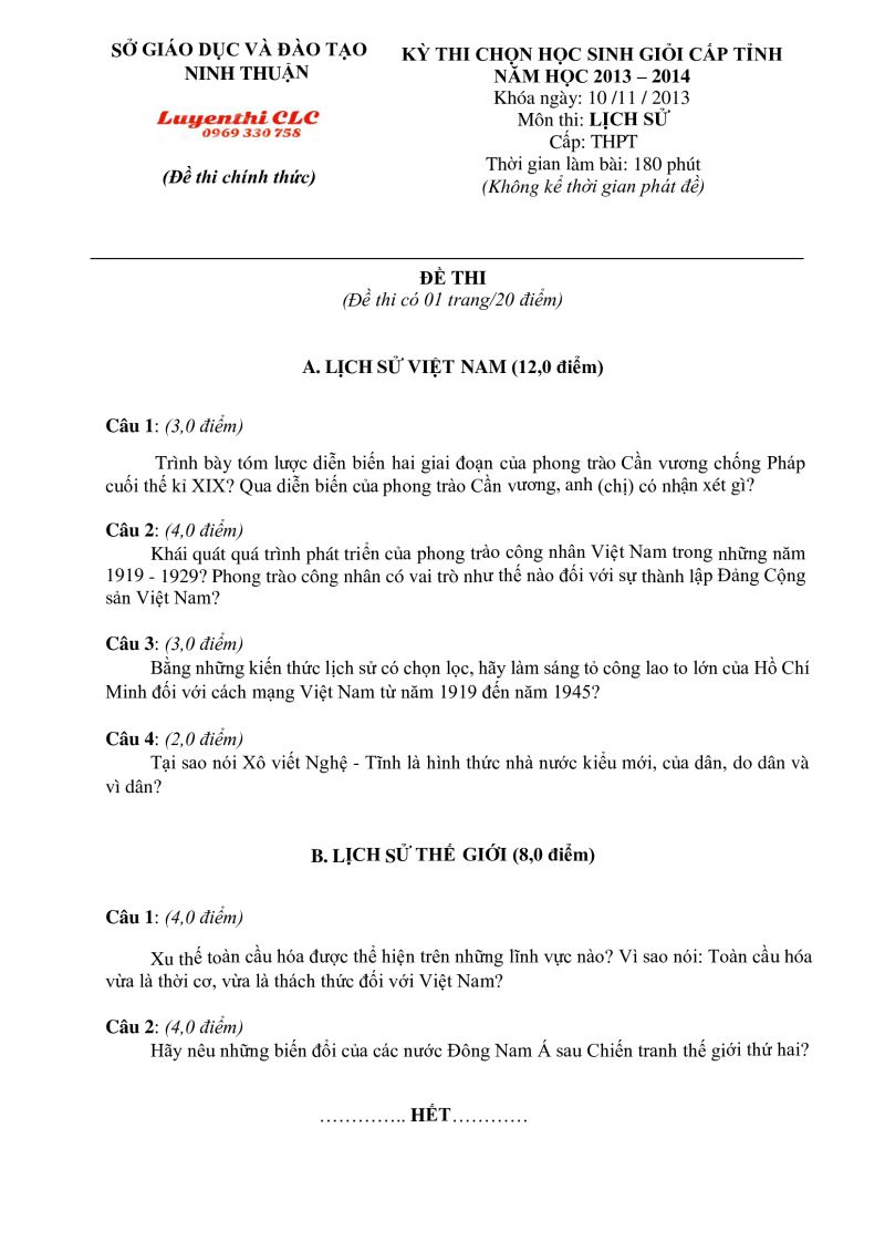 Đề thi chọn HSG cấp tỉnh m&ocirc;n Lịch Sử tỉnh Ninh Thuận năm 2013